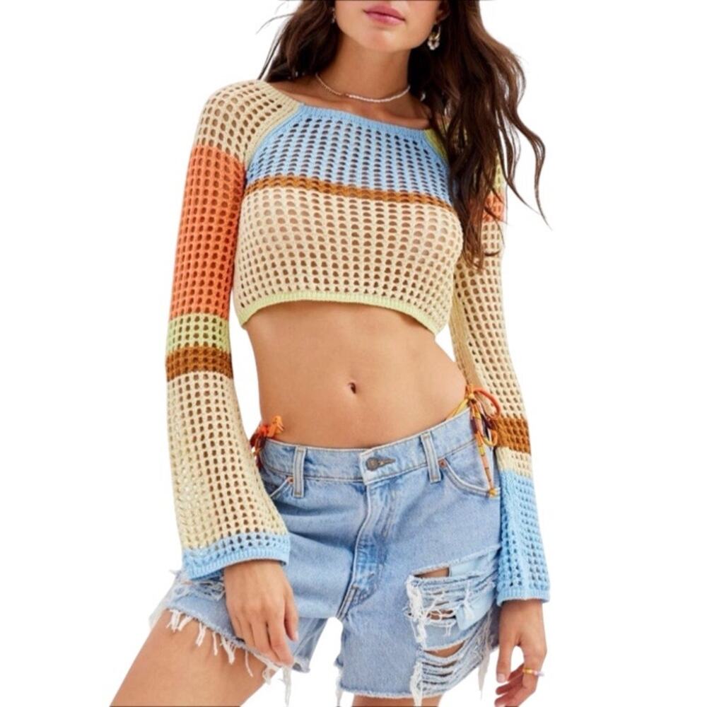Urban Outfitters Chloe Color Block Cropped Open Knit Crochet Sweater Size Small